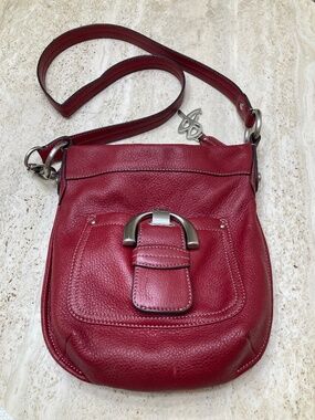 B. Makowsky Genuine Leather Red Pebbled Crossbody Handbag with Leopard Lining